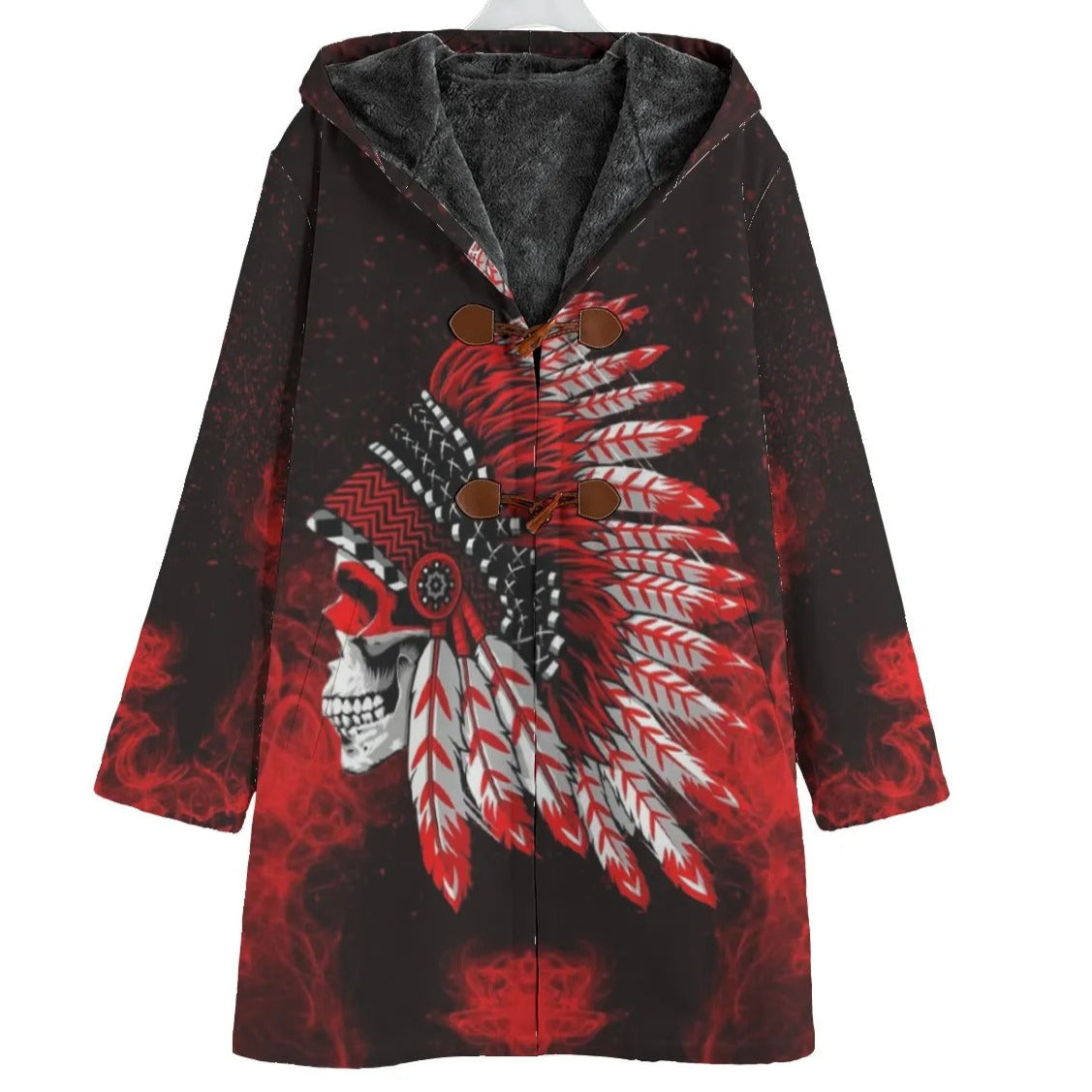 Native American Skull Coat, Red Feather Headdress Jacket, Tribal Gothic Outerwear, Red Smoke Graphic Coat, Warrior Biker Style