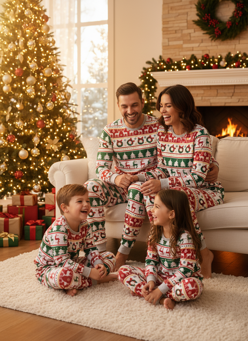 Matching Family Christmas Pajamas, Ugly Xmas PJs Set, Festive Holiday Sleepwear, Reindeer Tree Pattern, Cozy Winter Outfit