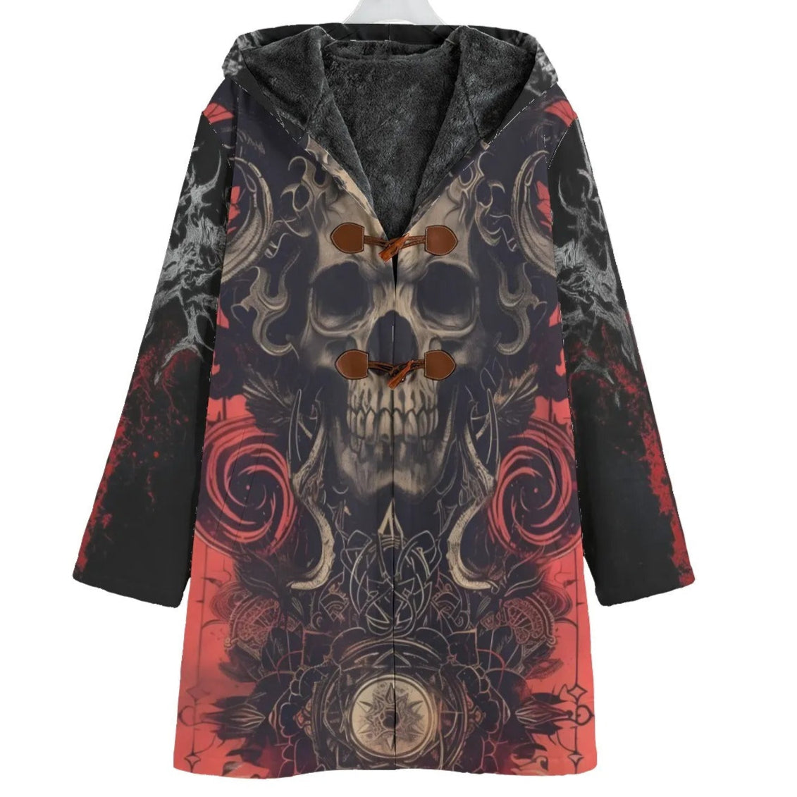 Halloween Costume Ideas. Infernal Mandala Skull Coat, Gothic Mandala Trench Coat, Spooky Occult Trench Jacket
