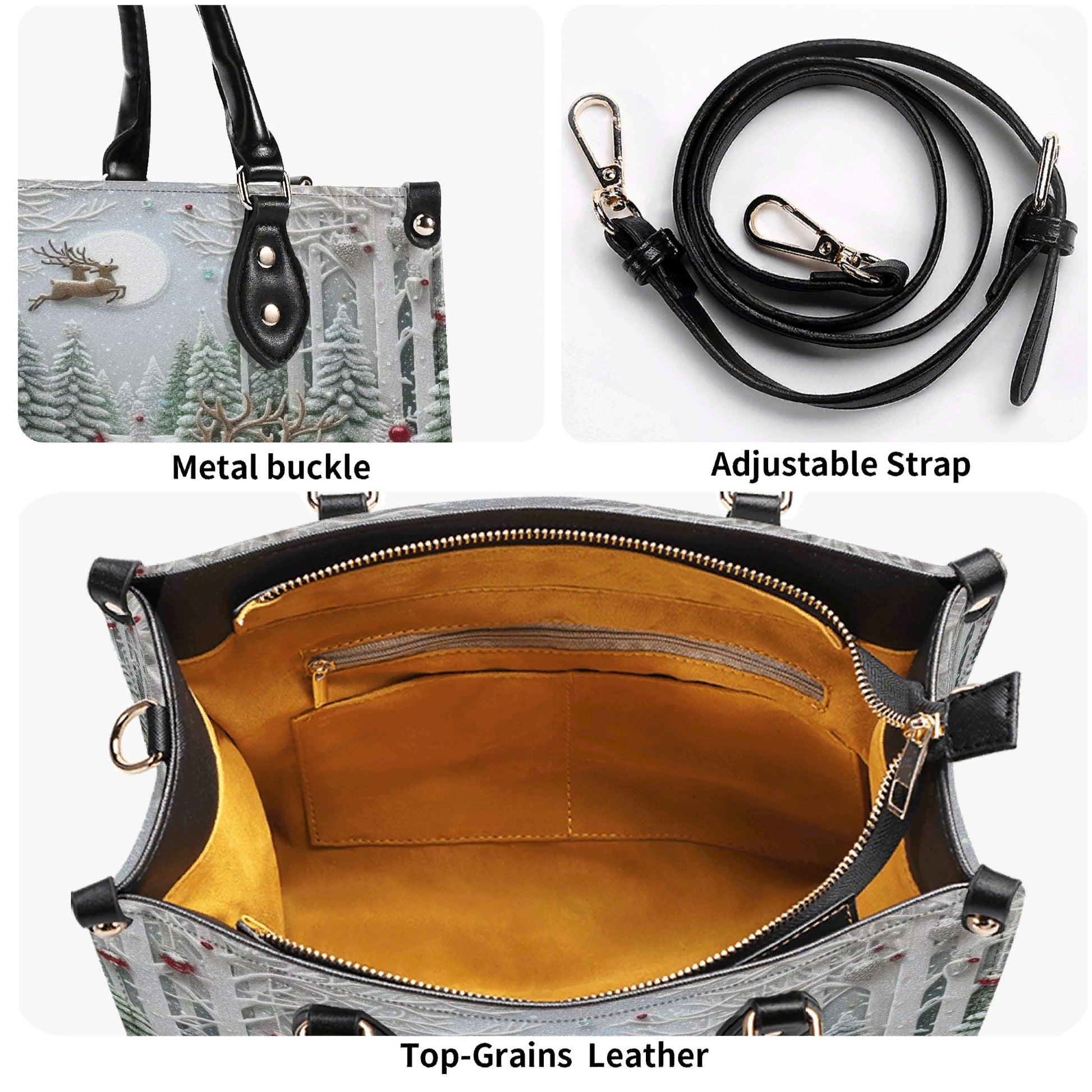 Santa Christmas Forest Handbag, Winter Wonderland Holiday Purse, Reindeer Gift Tote Bag, Festive Fashion Accessory