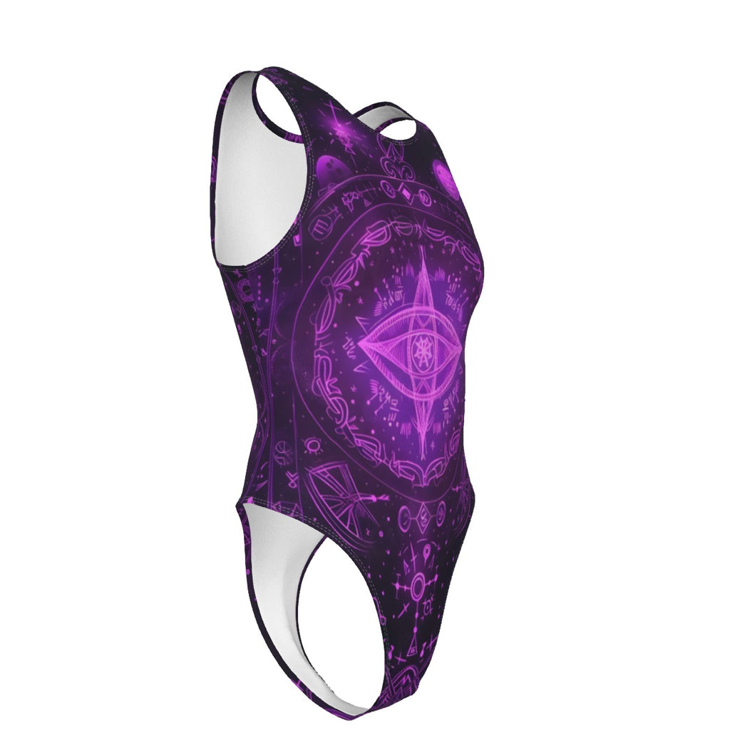 Mystical Fantasy Tank Bodysuit, Arcane Magic Symbol Bodysuit, Witchcore Celestial Light Bodysuit, Vibrant Occult Energy Bodysuit, Esoteric Purple Spell Bodysuit