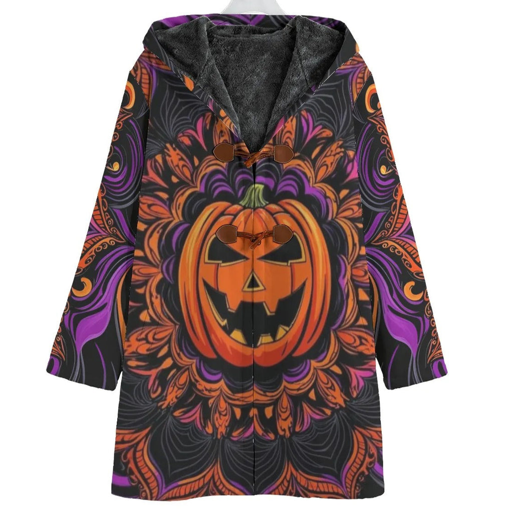 Pumpkin Mandala Magic Coat, Halloween Jack-o’-Lantern Gothic Jacket, Spooky Mandala Art Outerwear, Fall Festival Fashion