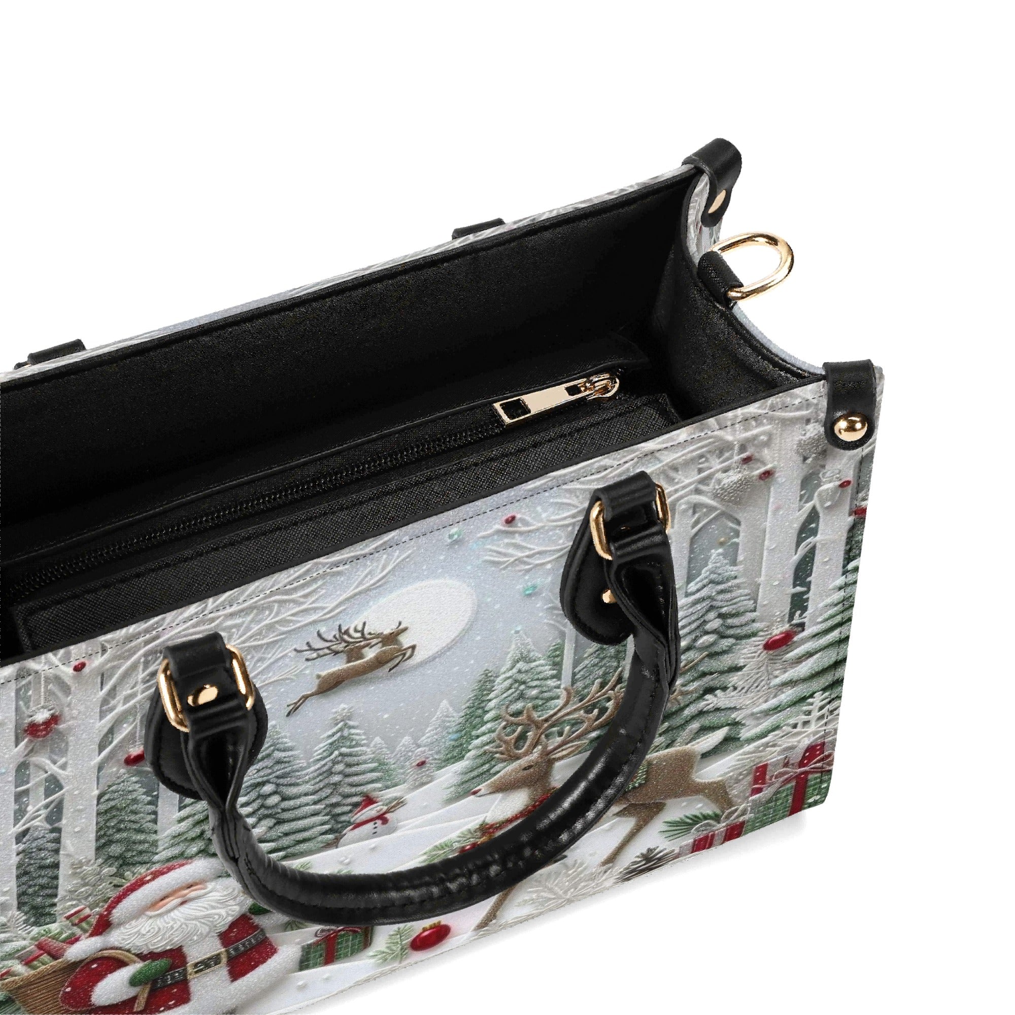 Santa Christmas Forest Handbag, Winter Wonderland Holiday Purse, Reindeer Gift Tote Bag, Festive Fashion Accessory