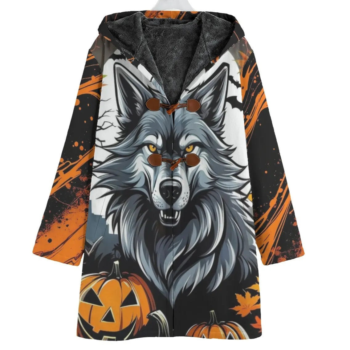Howling Halloween Costumes Ideas Night Wolf Coat, Spooky Pumpkin Bat Gothic Trench Coat Halloween Outerwear, Scary Autumn Wolf Fashion