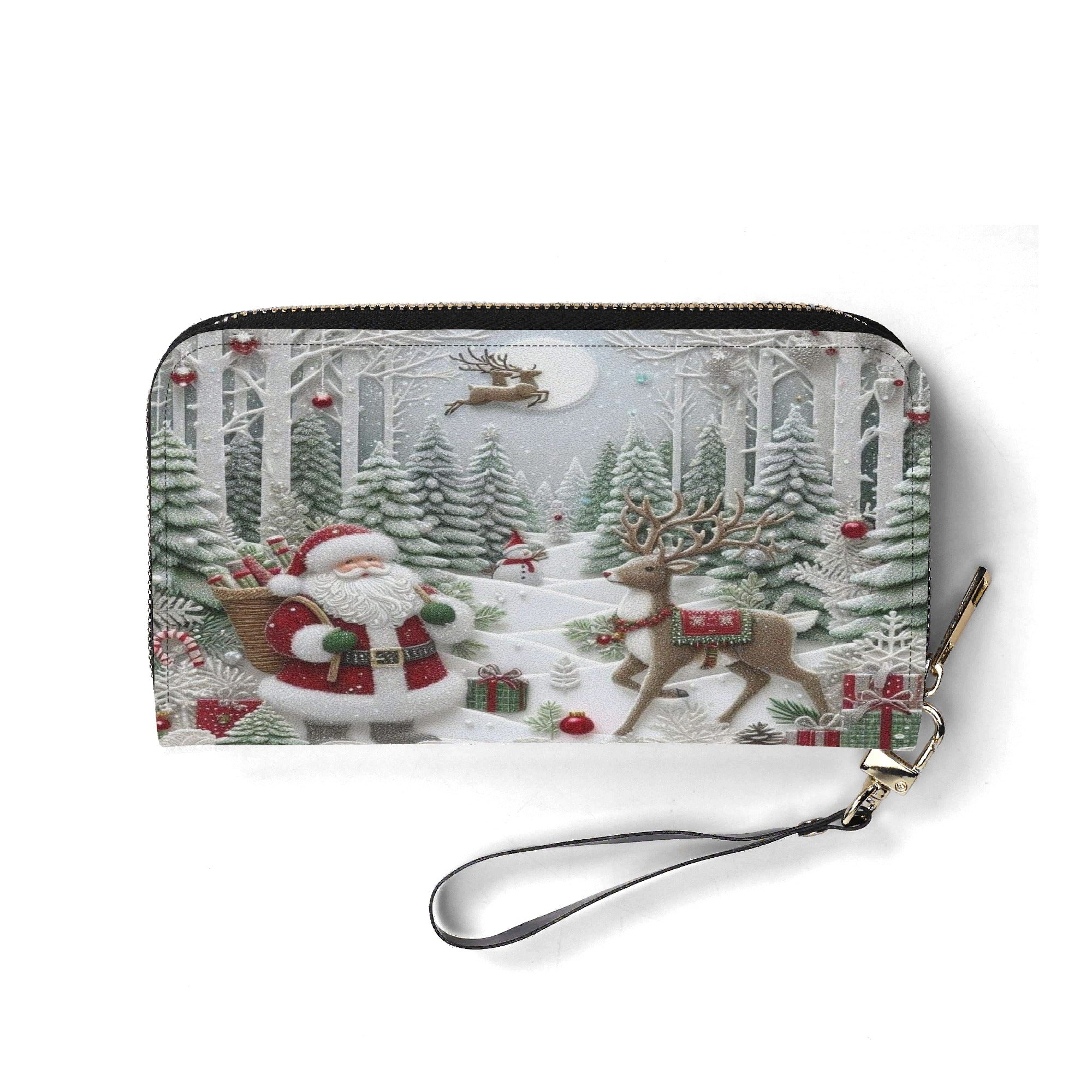 Santa Christmas Forest Handbag, Winter Wonderland Holiday Purse, Reindeer Gift Tote Bag, Festive Fashion Accessory