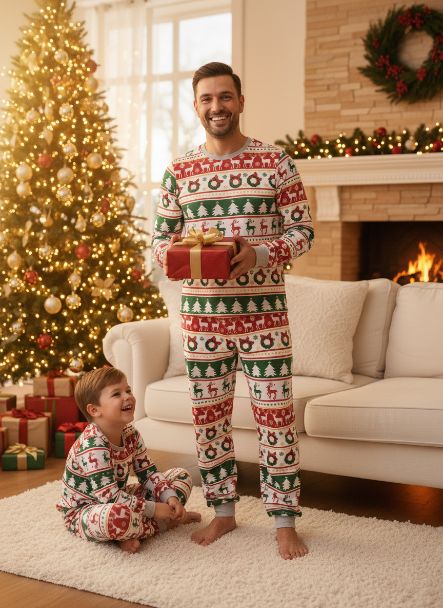Matching Family Christmas Pajamas, Ugly Xmas PJs Set, Festive Holiday Sleepwear, Reindeer Tree Pattern, Cozy Winter Outfit