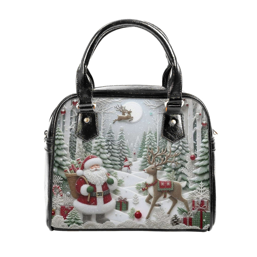 Santa Christmas Forest Handbag, Winter Wonderland Holiday Purse, Reindeer Gift Tote Bag, Festive Fashion Accessory