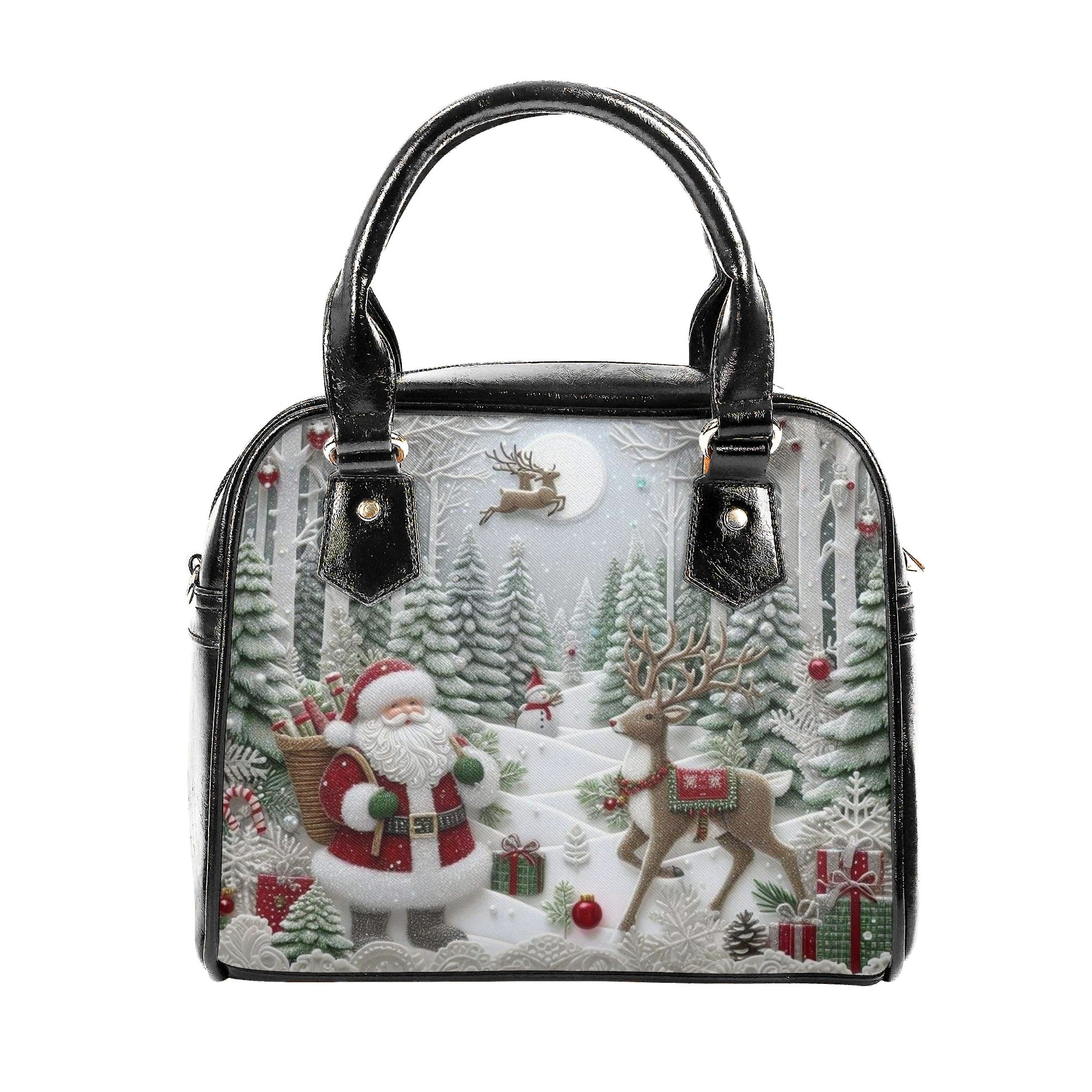 Santa Christmas Forest Handbag, Winter Wonderland Holiday Purse, Reindeer Gift Tote Bag, Festive Fashion Accessory