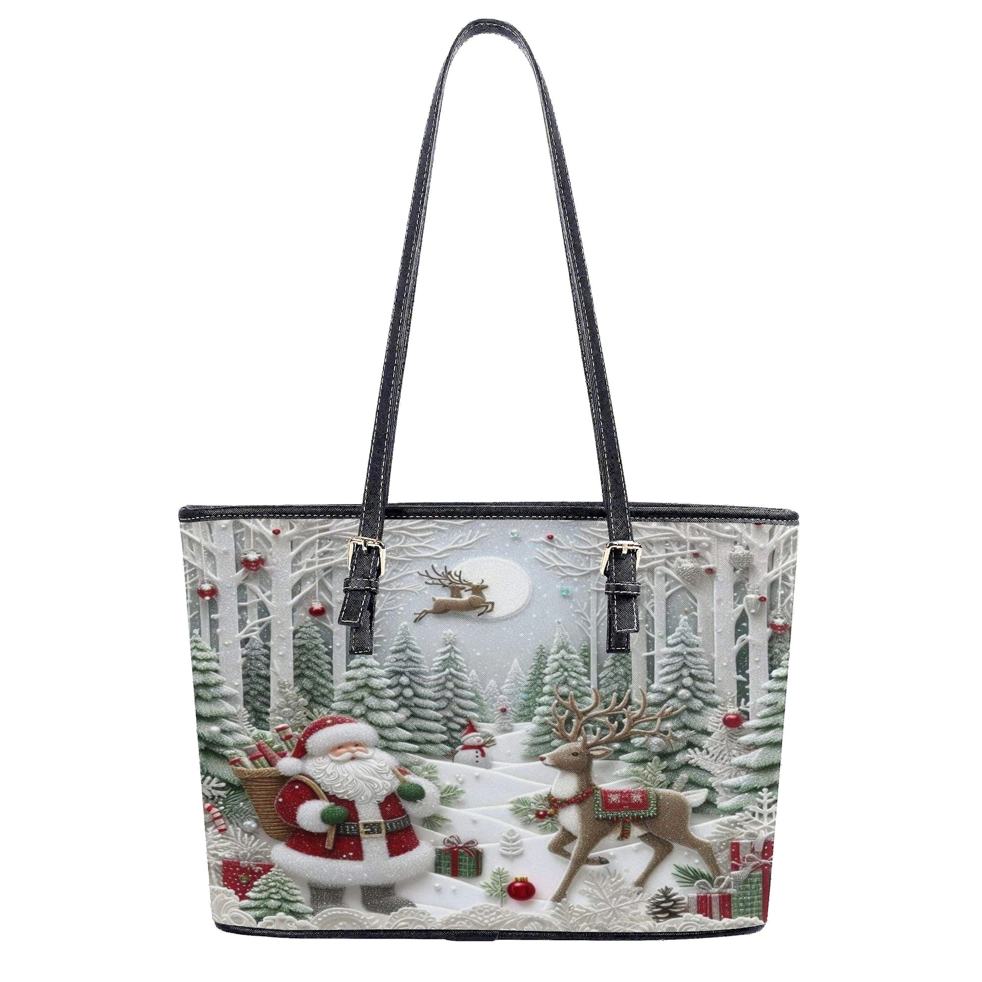 Santa Christmas Forest Handbag, Winter Wonderland Holiday Purse, Reindeer Gift Tote Bag, Festive Fashion Accessory