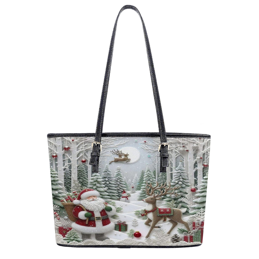 Santa Christmas Forest Handbag, Winter Wonderland Holiday Purse, Reindeer Gift Tote Bag, Festive Fashion Accessory