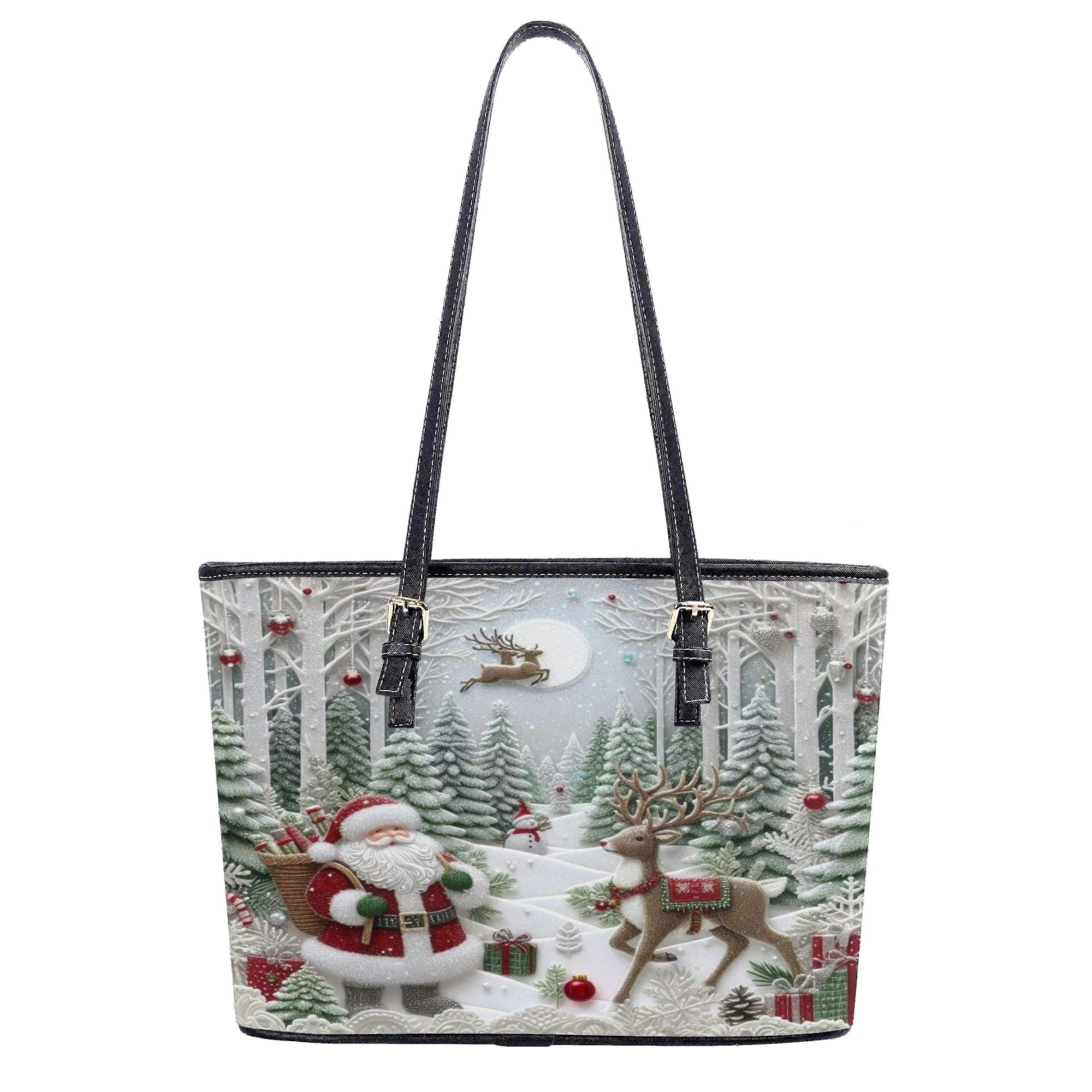 Santa Christmas Forest Handbag, Winter Wonderland Holiday Purse, Reindeer Gift Tote Bag, Festive Fashion Accessory