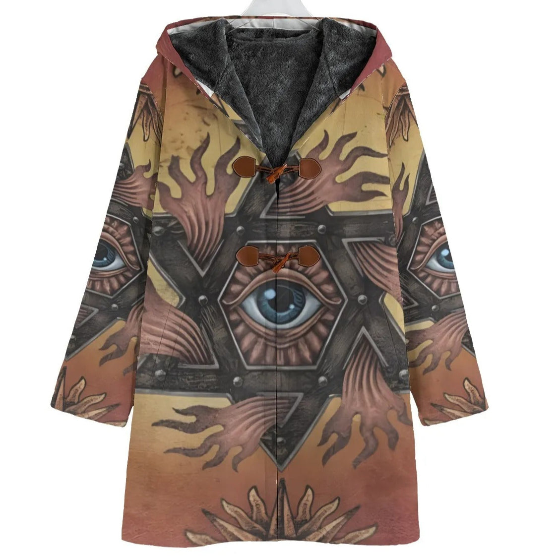 Mystic Eye Mandala Coat, Sacred Geometry Long Jacket, Visionary Art Spiritual Outerwear, Esoteric Boho Winter Fashion