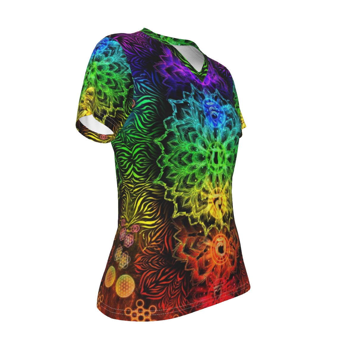 Sacred Chakra Mandala V-neck Women's T-shirt, Vibrant Rainbow Energy Healing V-neck T-shirt, Spiritual Energy Symbol, Colorful Sacred Geometry V-neck , Mandala  V-neck T-shirt
