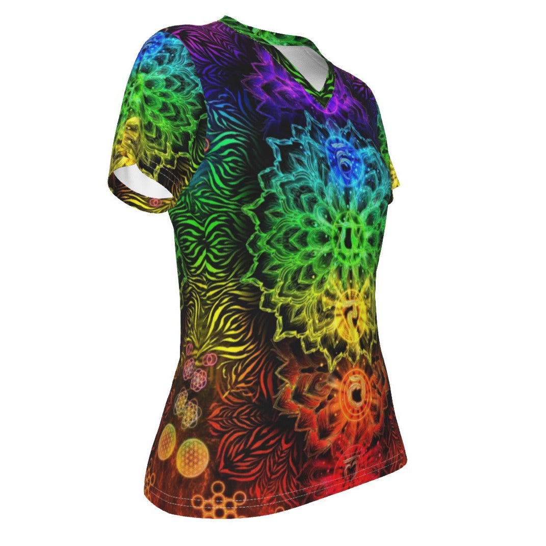 Sacred Chakra Mandala V-neck Women's T-shirt, Vibrant Rainbow Energy Healing V-neck T-shirt, Spiritual Energy Symbol, Colorful Sacred Geometry V-neck , Mandala  V-neck T-shirt