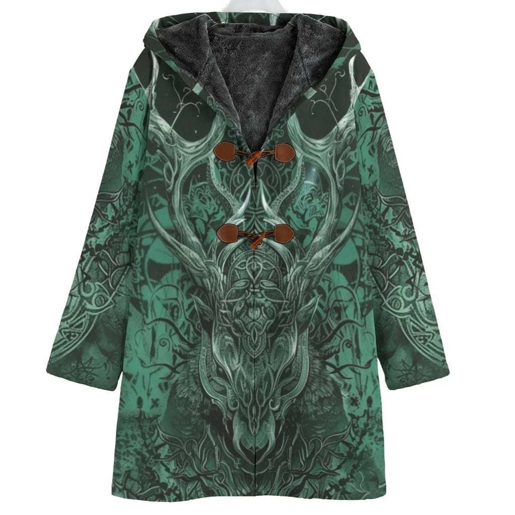 Viking Coat with Antler Design, Norse Mythology Inspired Hooded Cloak, Warm Fleece Lined, Medieval Fantasy Cosplay, Winter Cloak