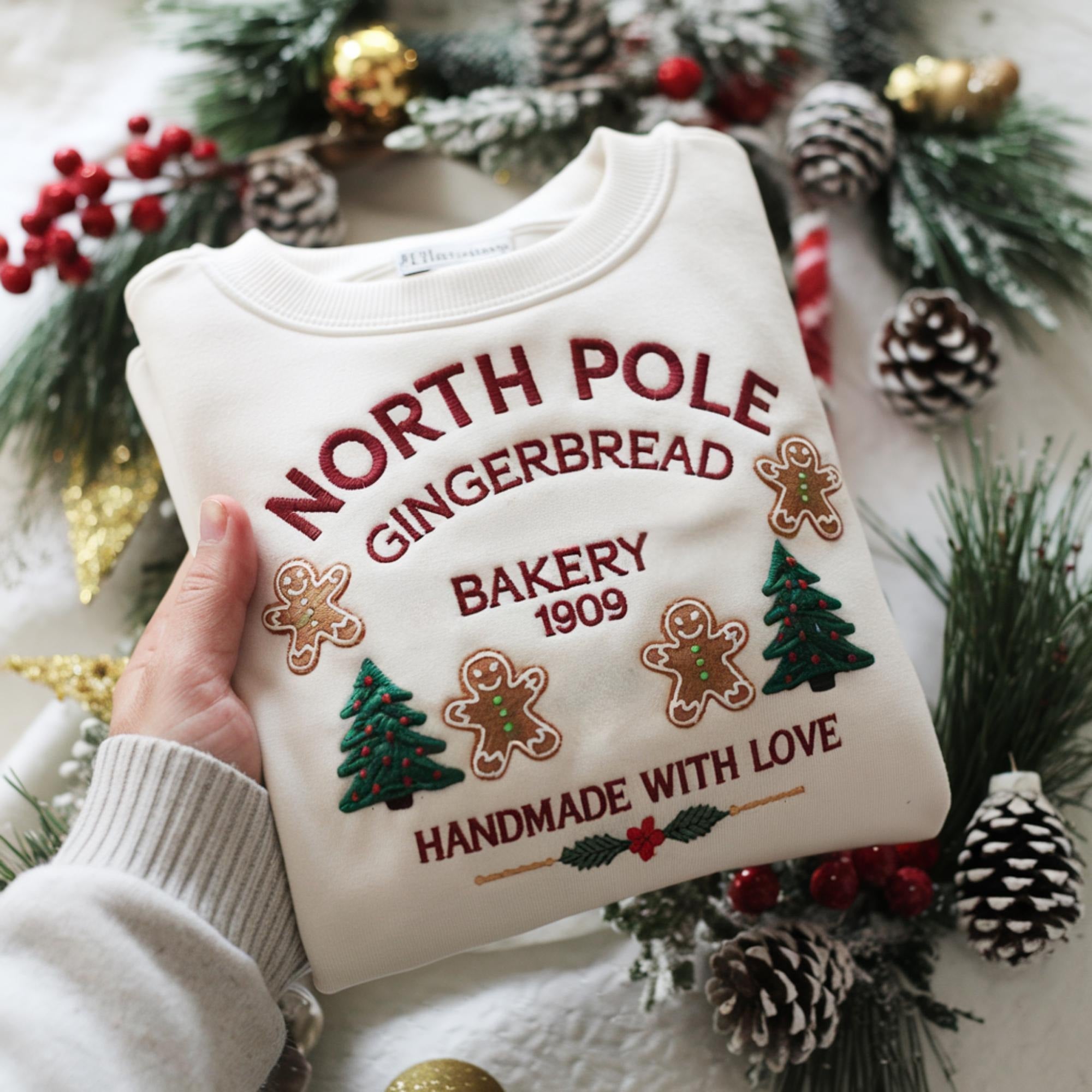 North Pole Gingerbread Embroidered Sweatshirt, Christmas Bakery Crewneck, Holiday Sweater, Cute Gingerbread Shirt, Xmas Gift for Her EBAC50