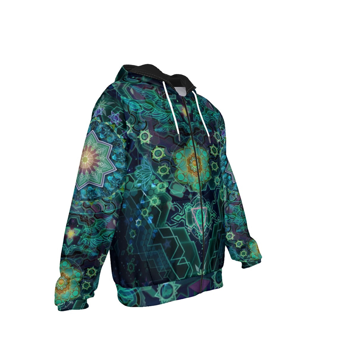 Yantric Geometry Zip Hoodie, Sacred Mandala Energy Zip Hoodie, Mystic Geometric Light Zip Hoodie, Vibrant Spiritual Pattern Zip Hoodie, Celestial Yantra Zip Hoodie