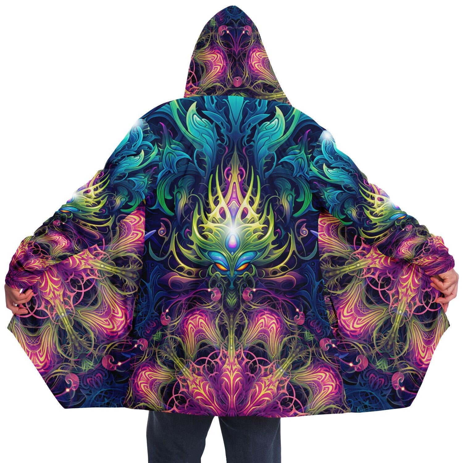Fractal Mandala HOODED CLOAK, Visionary Art, Psychedelic Festival Hoodie, Vibrant Rave Jacket, Colorful Festival Coat, Wizard Cape