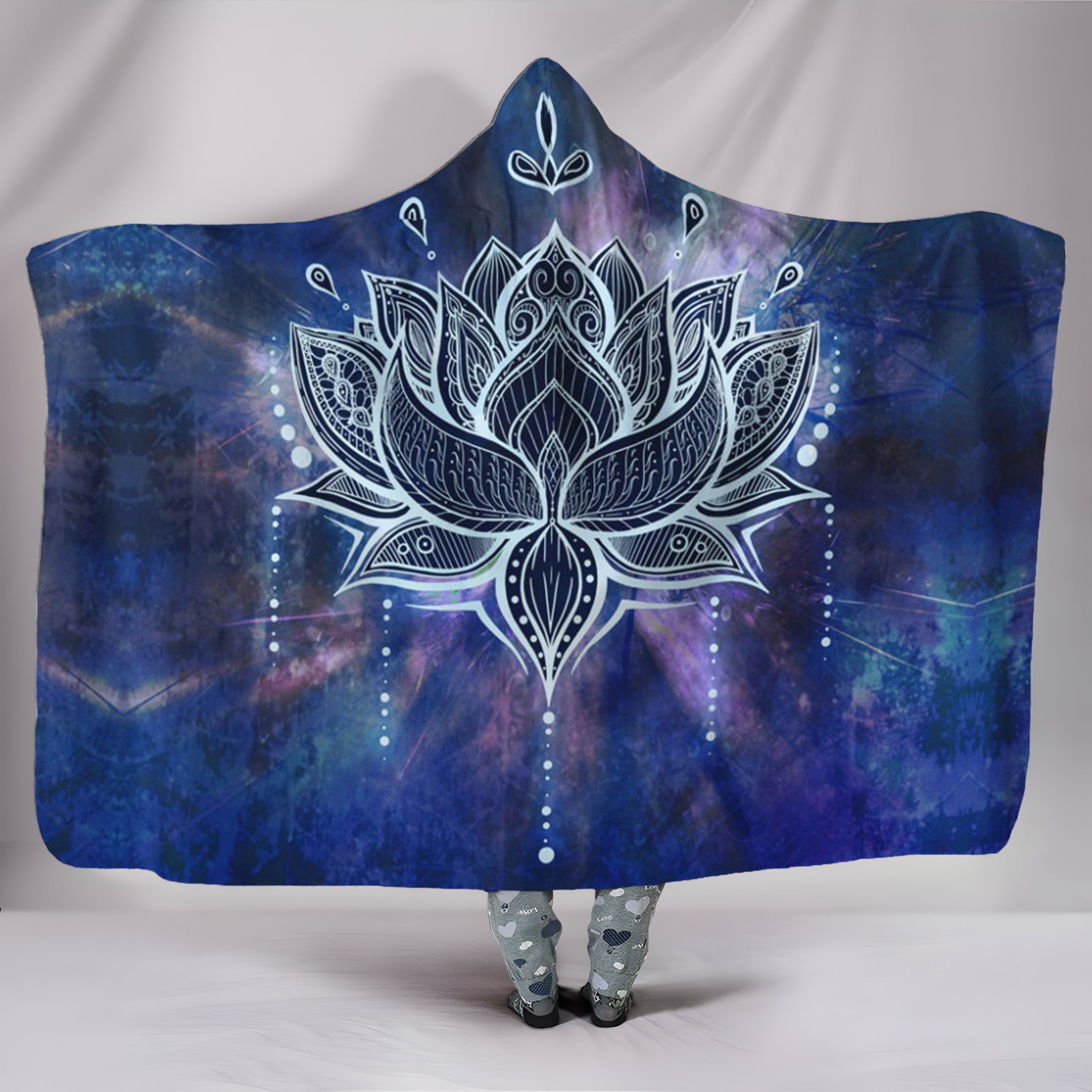 Galaxy Lotus Mandala Hooded Blanket – Spiritual Boho Wearable Throw, Cozy Soft Blanket for Meditation, Yoga, Festival Gift Idea. BLKAC02