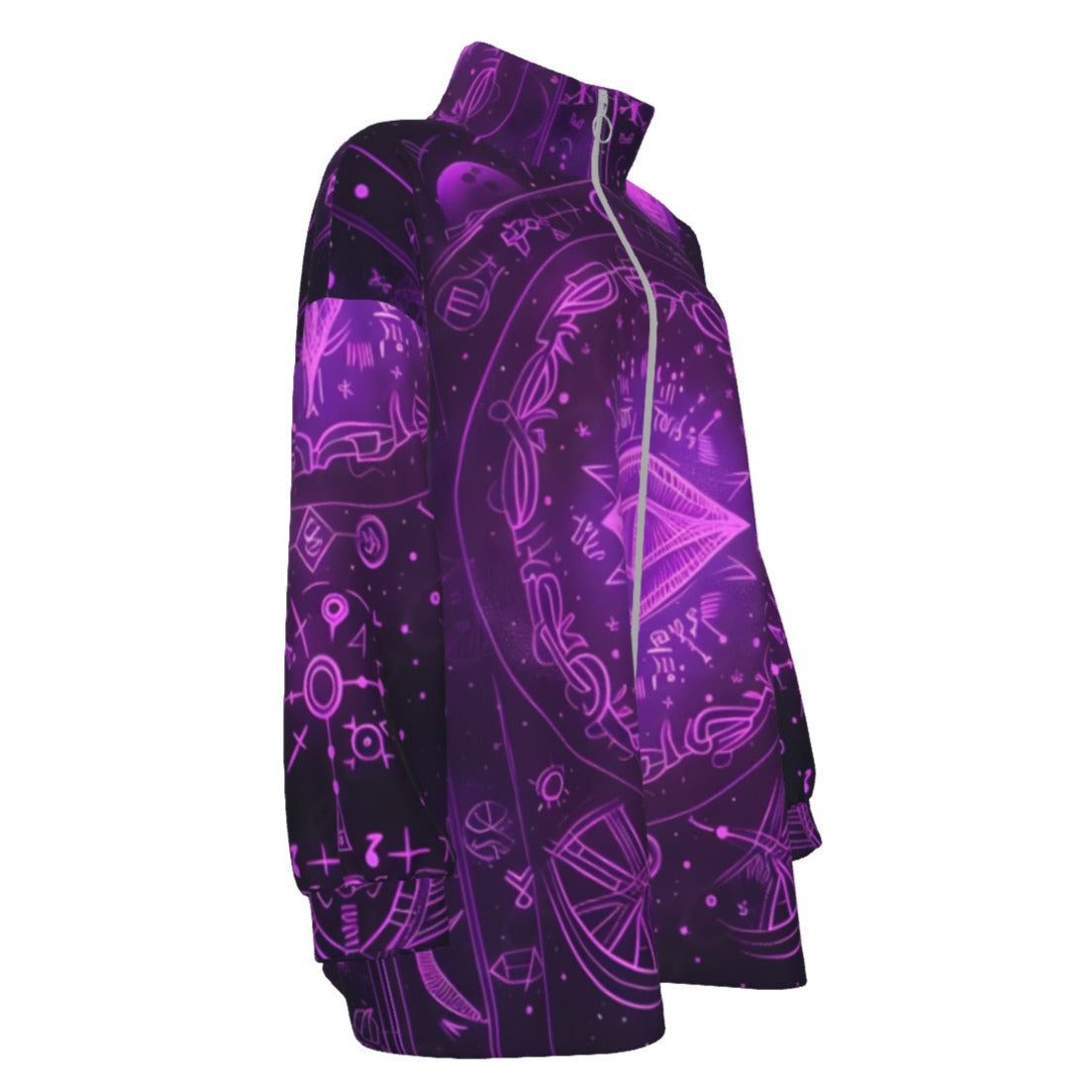 Mystical Fantasy Coats Women, Arcane Magic Symbol Coats, Witchcore Celestial Light Coats, Vibrant Occult Energy Coats, Esoteric Purple Spell Coats