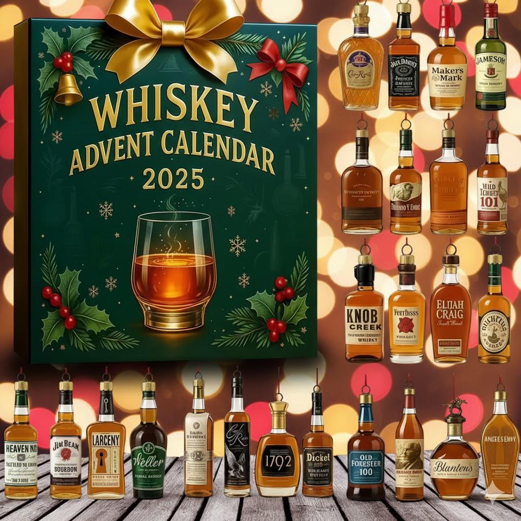 Whiskey Advent Calendar 2025: 24 Acrylic Whiskey Bottle Ornaments - Whiskey Gift Decor