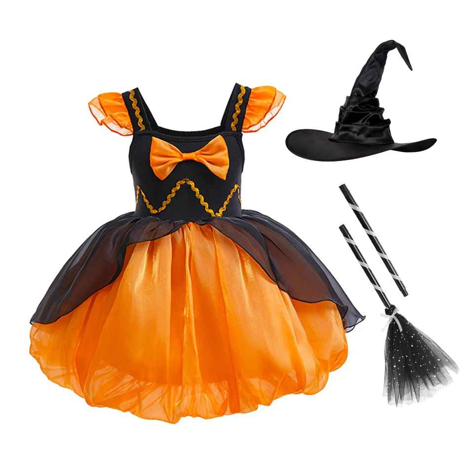 Halloween Costumes For Kids, Girls Pumpkin Halloween Costume, Cute Witch Princess Dress for Kids, Fluffy Orange Cosplay Gown