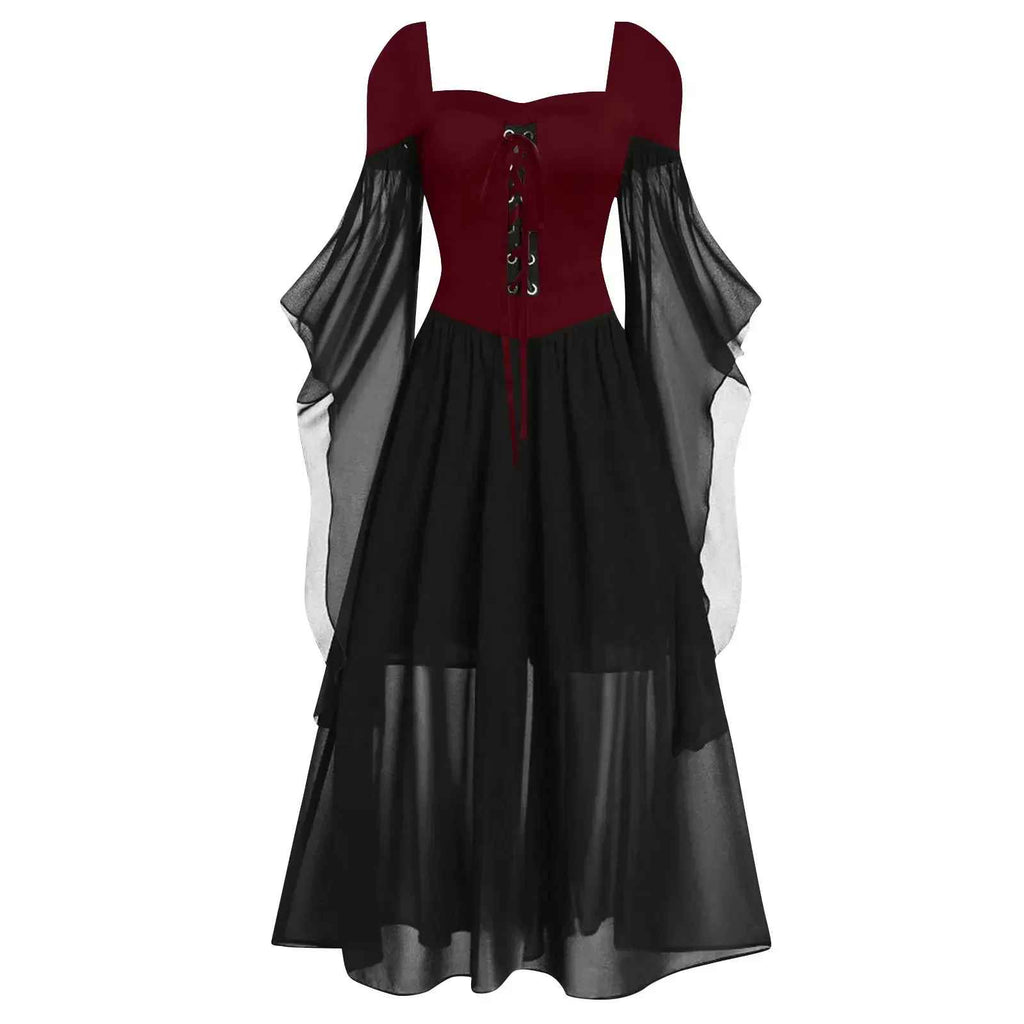 Halloween Costumes, Plus Size Gothic Witch Halloween Costume for Women, Vintage Medieval Cold Shoulder Dress, Butterfly Sleeve Carnival Party Outfit