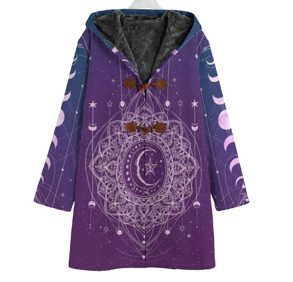 Mystic Lunar Mandala Coat, Moon Phase Spiritual Jacket, Celestial Lotus Outerwear, Sacred Geometry Cosmic Coat, Boho Mystic Style