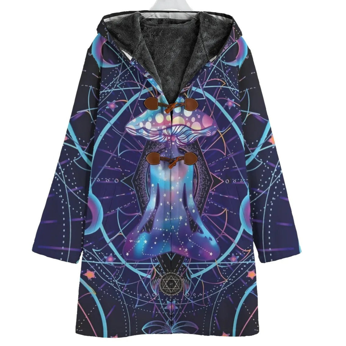 Mystic Mushroom Awakening Coat, Psychedelic Spiritual Jacket, Cosmic Mushroom Outerwear, Visionary Art Fashion Coat, Boho Mystic Style