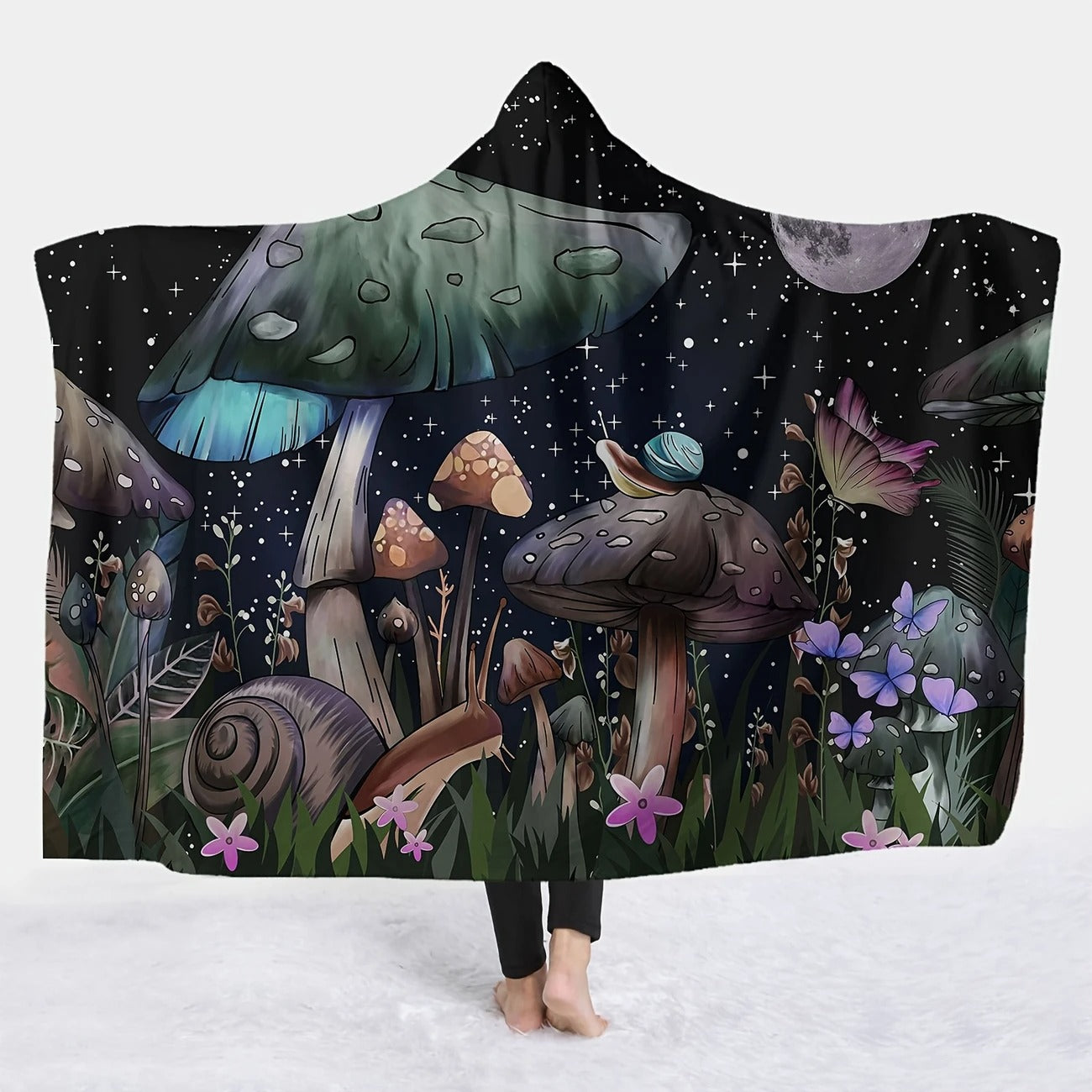 Mushroom Hooded Blanket, Enchanted Forest Magic Fungi Design, Cozy Soft Warm Throw, Perfect Gift for Nature Lovers and Outdoor Use. BLKAC55