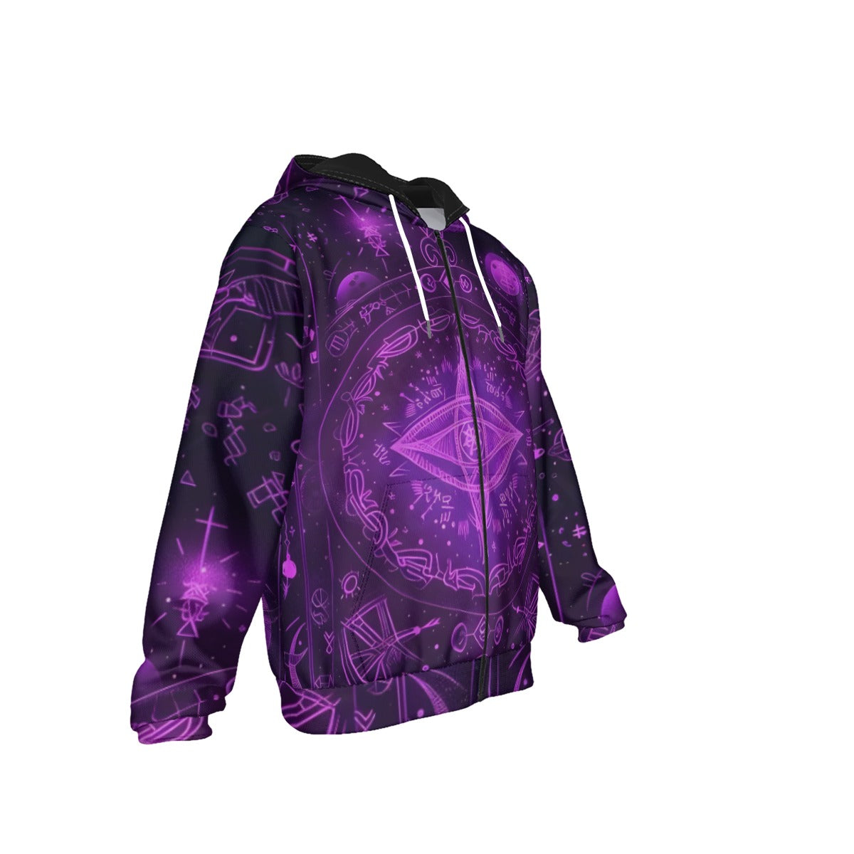 Mystical Fantasy Zip Hoodie, Arcane Magic Symbol Zip Hoodie, Witchcore Celestial Light Zip Hoodie, Vibrant Occult Energy Zip Hoodie, Esoteric Purple Spell Zip Hoodie