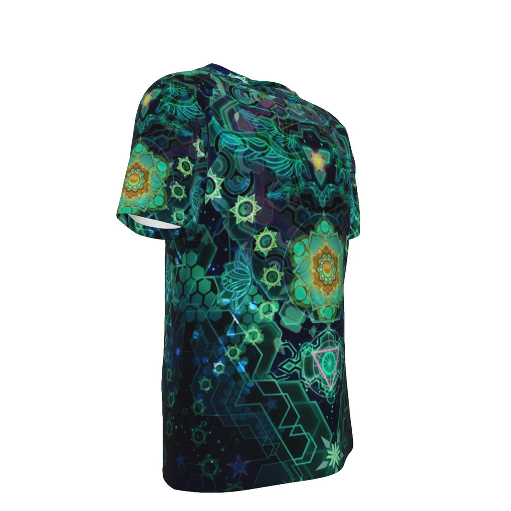 Yantric Geometry T-Shirt, Sacred Mandala Energy Coats, Mystic Geometric Light T-Shirt, Vibrant Spiritual Pattern T-Shirt, Celestial Yantra T-Shirt
