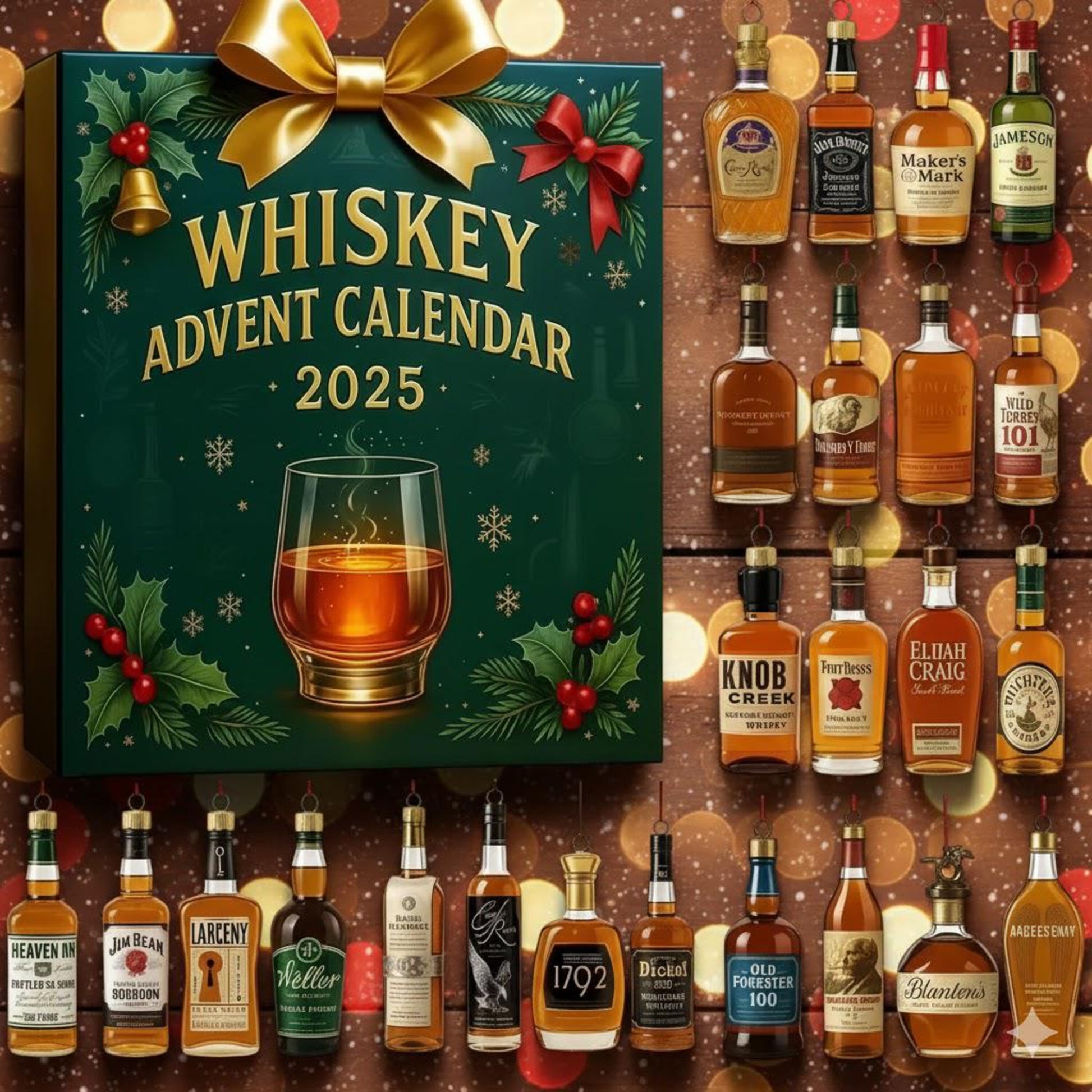 Whiskey Advent Calendar 2025: 24 Acrylic Whiskey Bottle Ornaments - Whiskey Gift Decor