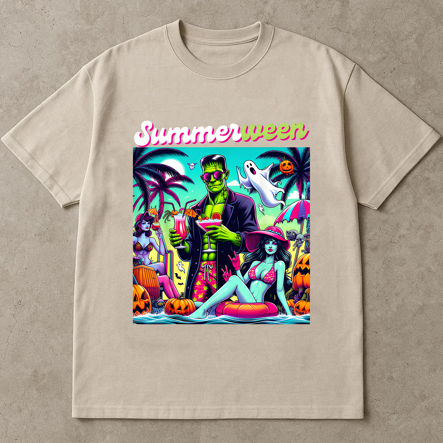 Happy Summerween Vibes shirt, Funny Skeleton Float Halloween in Summer shirt, Trendy Sublimation Spooky Flamingo Pool Ghost Pumpkins Creepy shirt