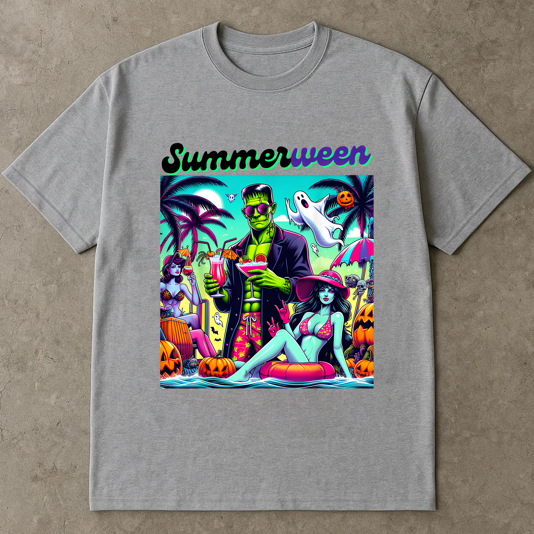 Happy Summerween Vibes shirt, Funny Skeleton Float Halloween in Summer shirt, Trendy Sublimation Spooky Flamingo Pool Ghost Pumpkins Creepy shirt