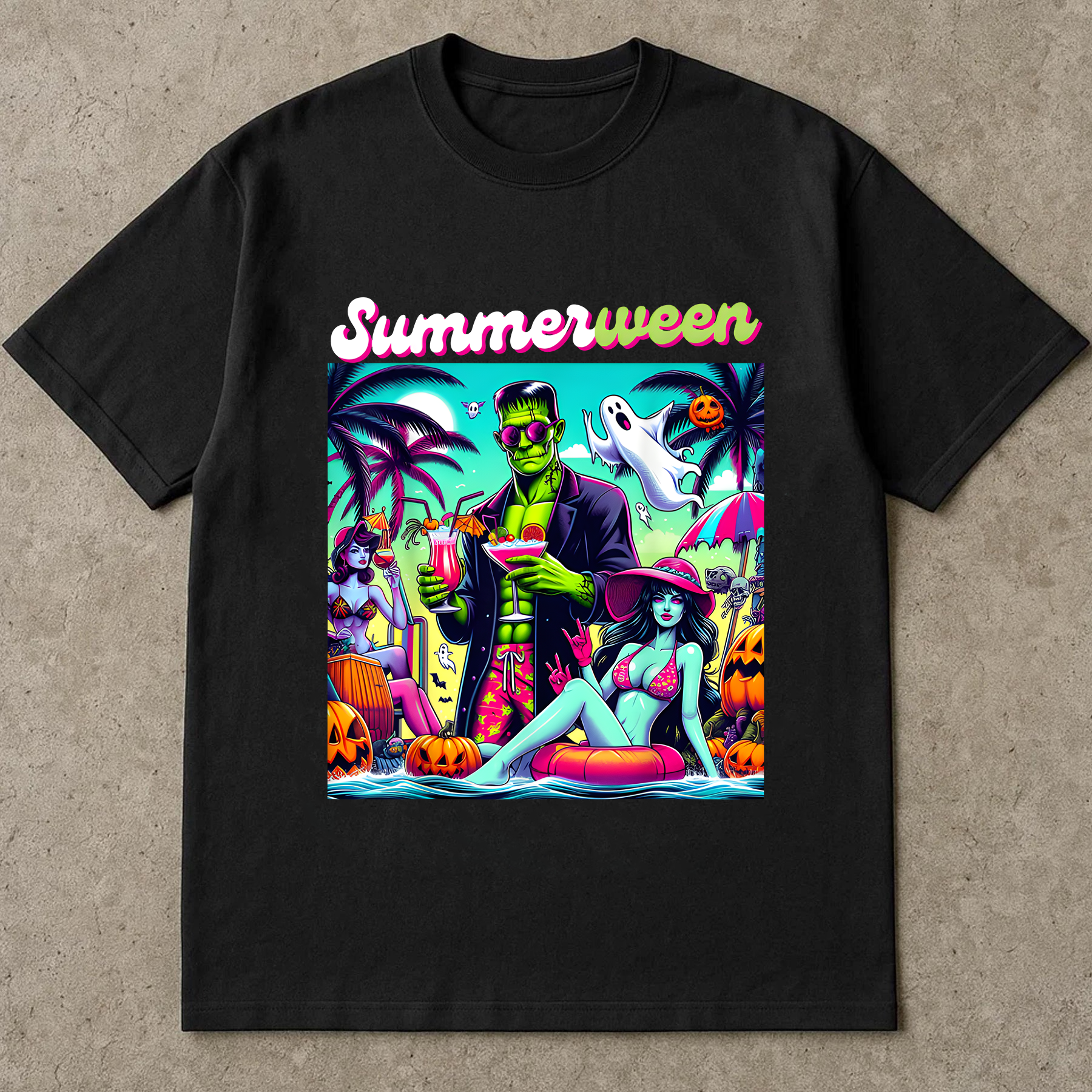 Happy Summerween Vibes shirt, Funny Skeleton Float Halloween in Summer shirt, Trendy Sublimation Spooky Flamingo Pool Ghost Pumpkins Creepy shirt