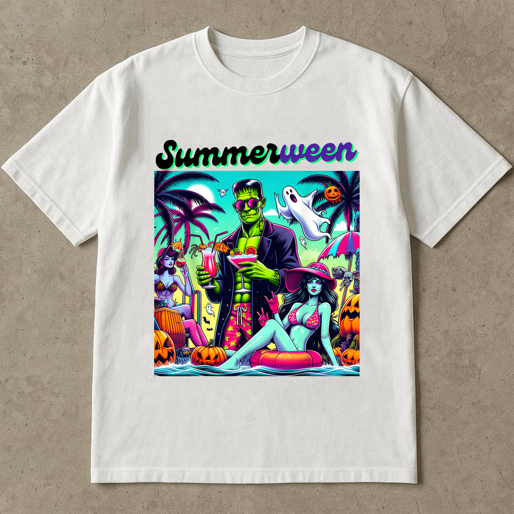 Happy Summerween Vibes shirt, Funny Skeleton Float Halloween in Summer shirt, Trendy Sublimation Spooky Flamingo Pool Ghost Pumpkins Creepy shirt