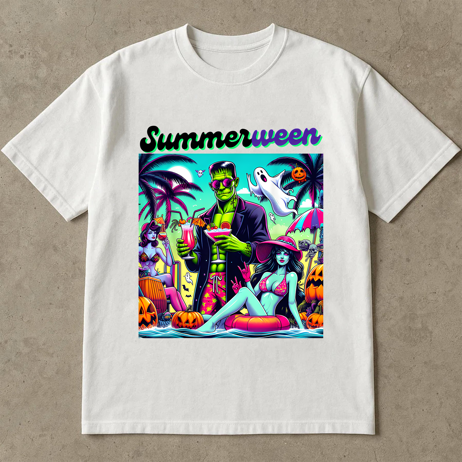 Happy Summerween Vibes shirt, Funny Skeleton Float Halloween in Summer shirt, Trendy Sublimation Spooky Flamingo Pool Ghost Pumpkins Creepy shirt