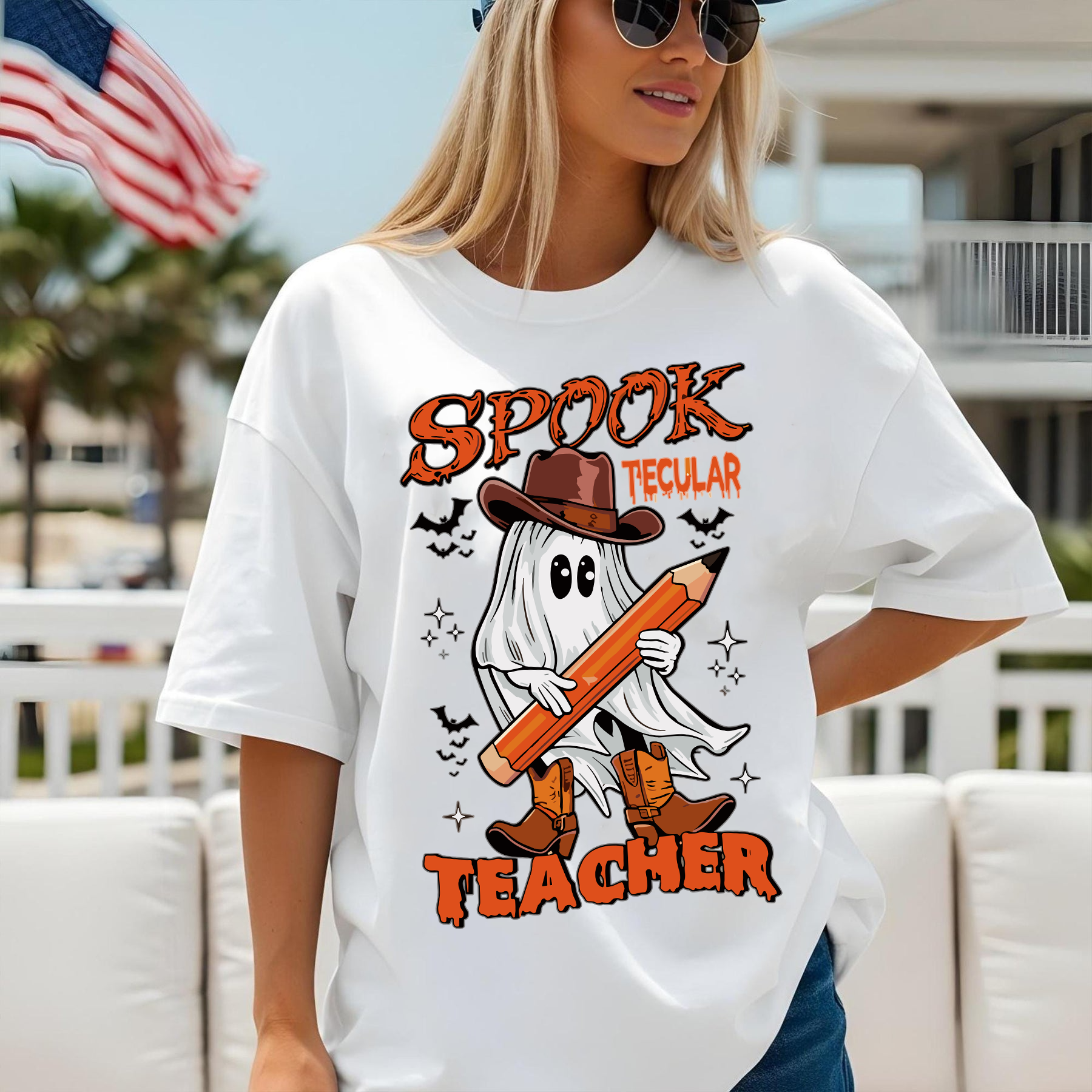 Spooktacular Teacher Halloween Shirt, Funny Ghost Cowboy Teacher Graphic Tee, Fall School Teacher Gift, Cute Halloween Shirt