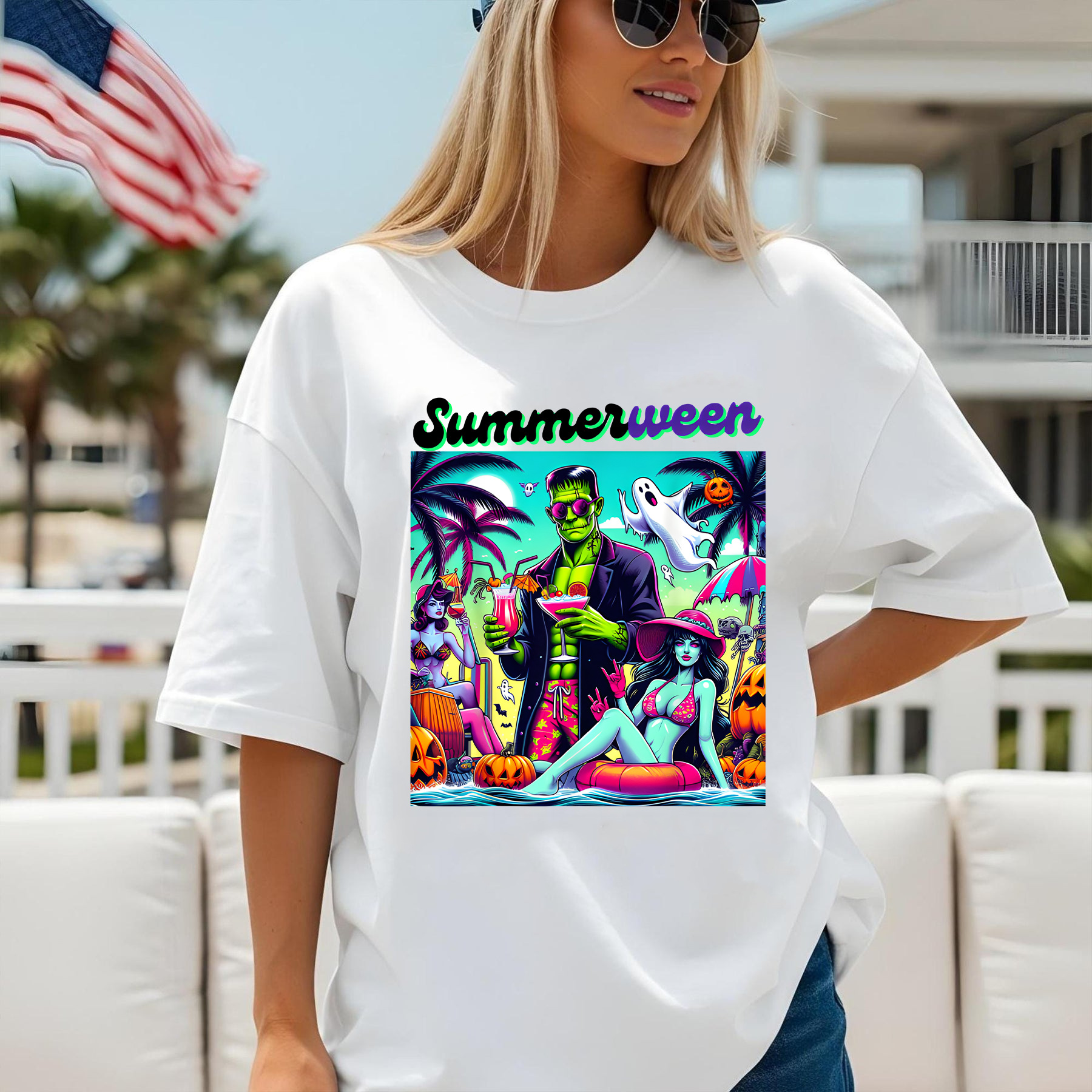 Happy Summerween Vibes shirt, Funny Skeleton Float Halloween in Summer shirt, Trendy Sublimation Spooky Flamingo Pool Ghost Pumpkins Creepy shirt