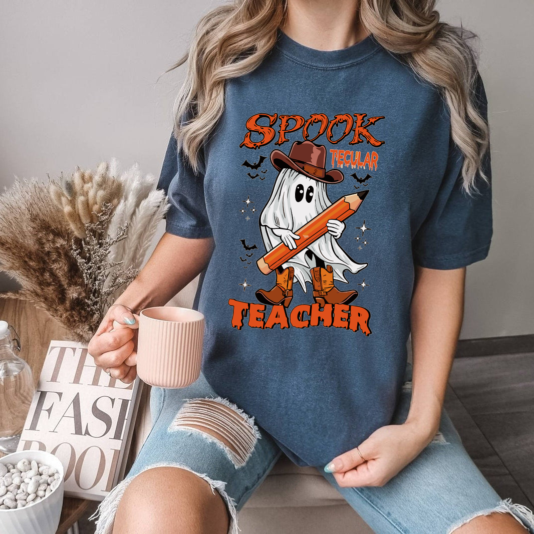 Spooktacular Teacher Halloween Shirt, Funny Ghost Cowboy Teacher Graphic Tee, Fall School Teacher Gift, Cute Halloween Shirt