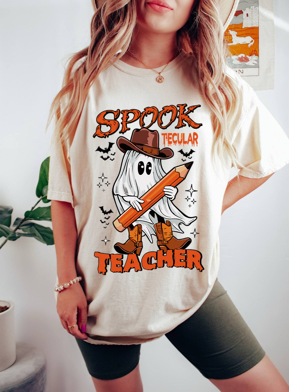 Spooktacular Teacher Halloween Shirt, Funny Ghost Cowboy Teacher Graphic Tee, Fall School Teacher Gift, Cute Halloween Shirt