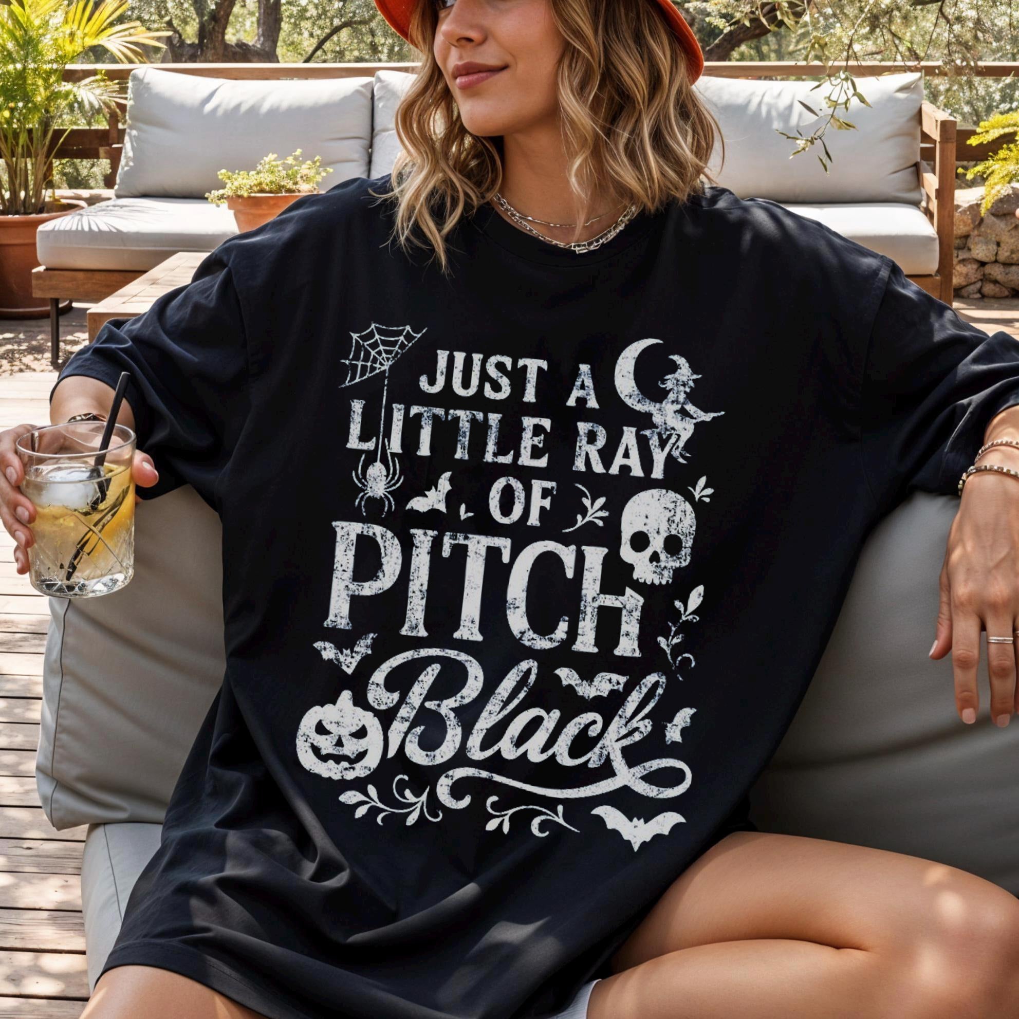 Just A Little Ray of Pitch Black Halloween Tee Shirts, Funny Spooky Graphic T Shirts, Vintage Witch Skull Bat Pumpkin T-Shirt, Halloween Costume Ideas, Halloween T Shirts For Adults
