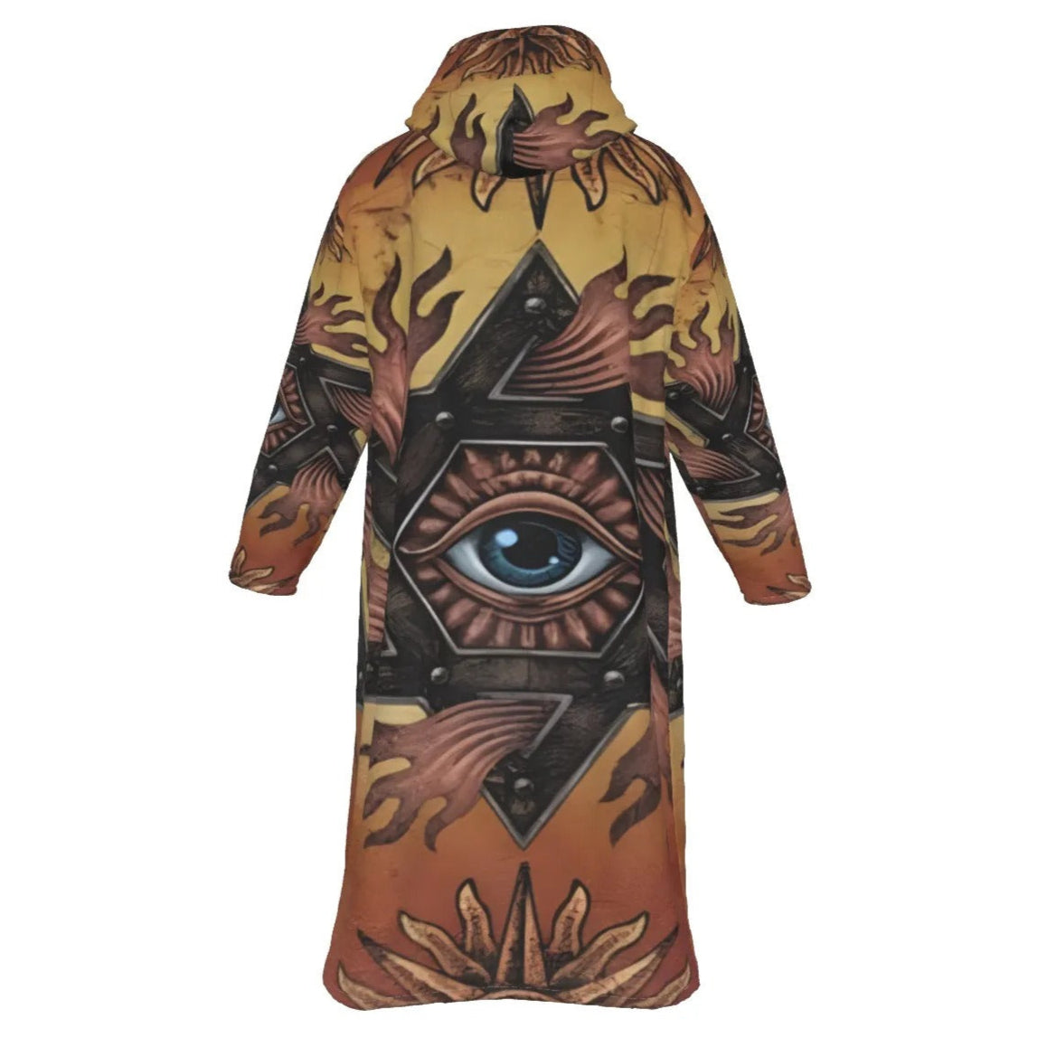 Mystic Eye Mandala Zip-Up Cloak, Sacred Geometry Hooded Robe with Zipper, Visionary Art Festival Cape, Esoteric Spiritual Streetwear