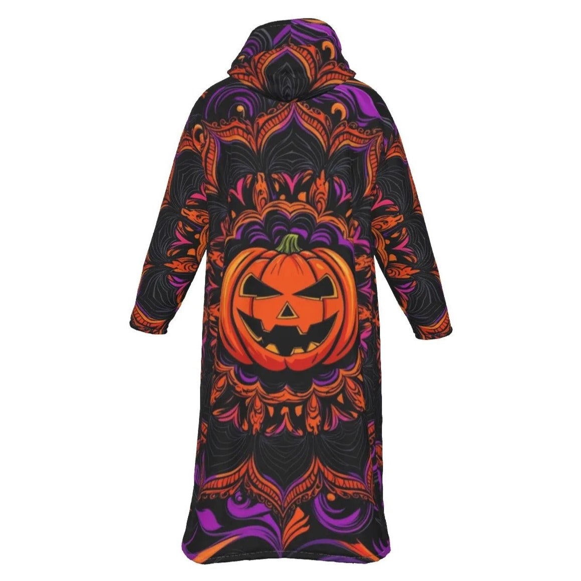 Pumpkin Mandala Magic Zip-Up Cloak, Halloween Jack-o’-Lantern Trench Coat, Spooky Mandala Art Costume, Halloween Costume Ideas