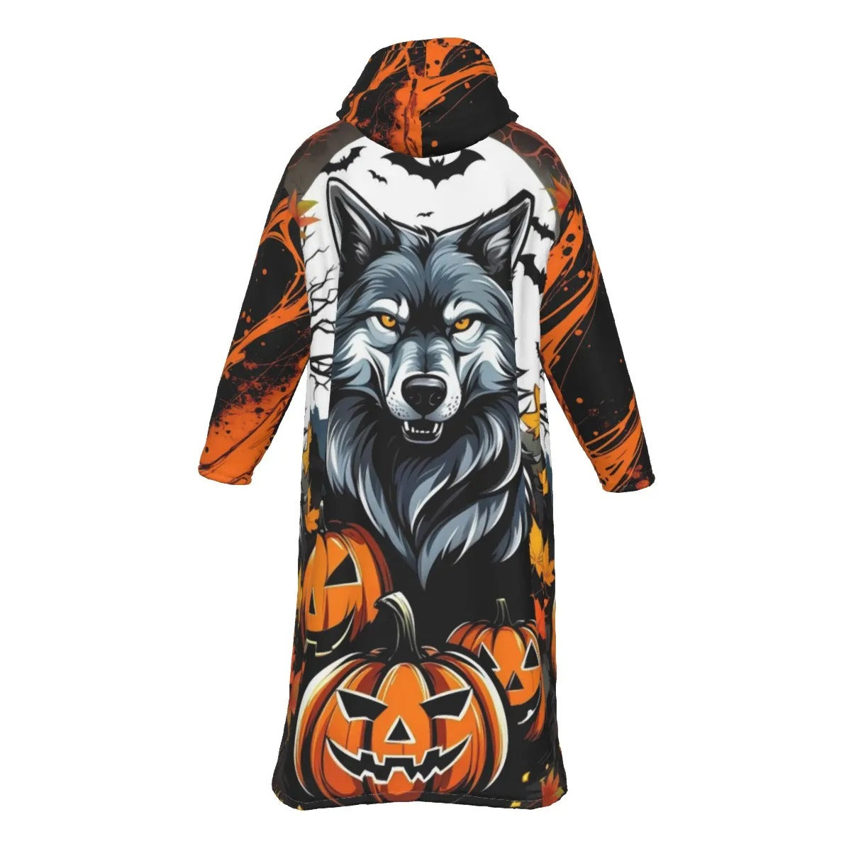 Howling Halloween Costumes Night Wolf Zip-Up Cloak, Spooky Pumpkin Bat Trench Coat, Gothic Halloween Fashion, Autumn Wolf Outerwear