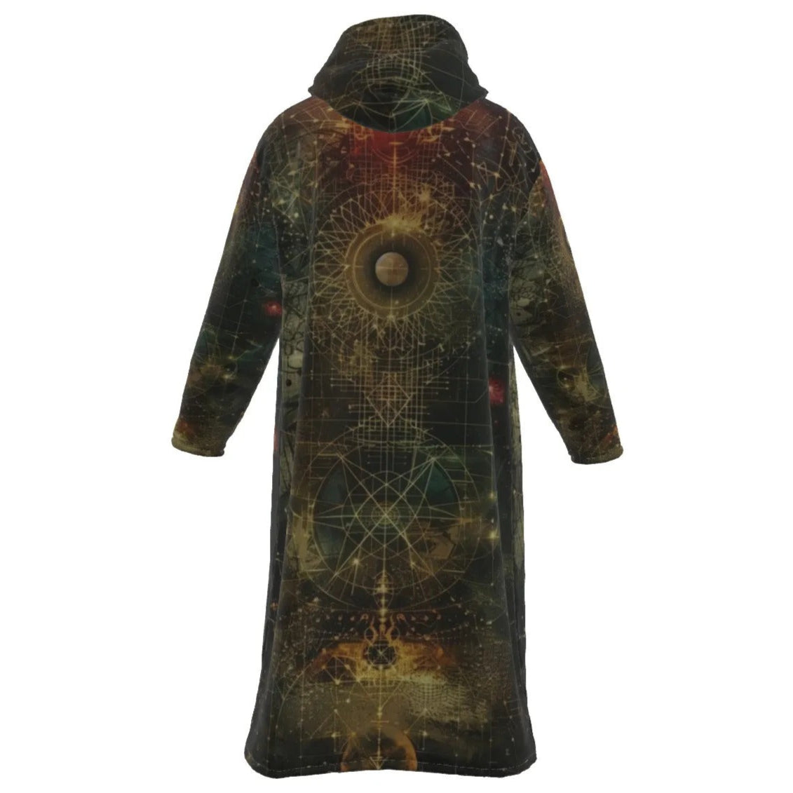 Celestial Alchemy Zip-Up Cloak, Mystical Hooded Robe with Sacred Geometry, Cosmic Grid & Astral Light Print