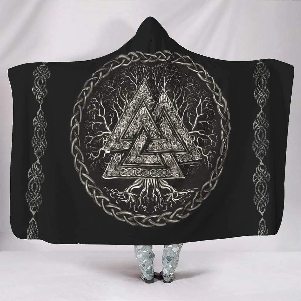 VILKING Hooded Blanket with Viking Tree of Life Design, Soft Warm Fleece, Cozy Wearable Throw, Perfect for Winter, Outdoor, Home Comfort, Unique Gift. BLK33