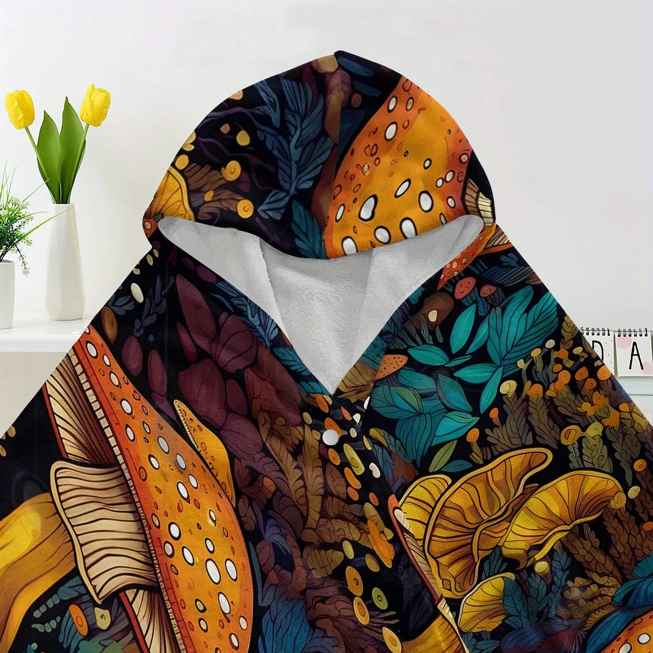 Mushroom Hooded Blanket, Enchanted Forest Fungi Pattern, Cozy Warm Throw Blanket, Perfect Gift for Nature and Outdoor Lovers. BLKAC56