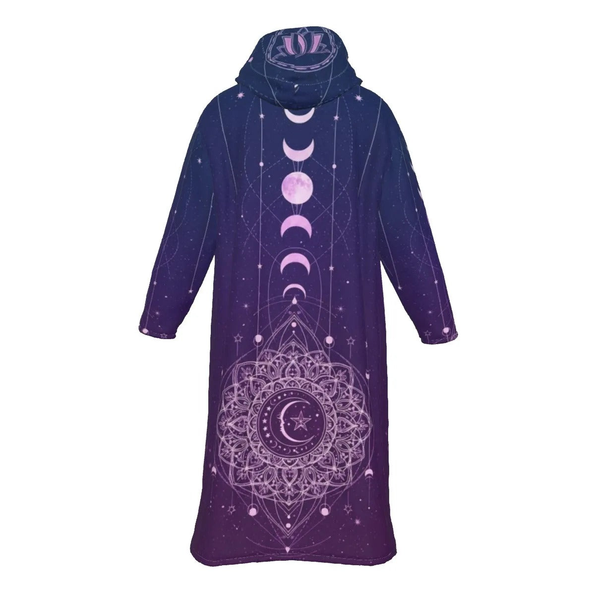 Mystic Lunar Mandala Zip-Up Cloak, Moon Phase Spiritual Hooded Cape, Celestial Lotus Zipper Cloak, Sacred Geometry Cosmic Outerwear, Boho Mystic Style